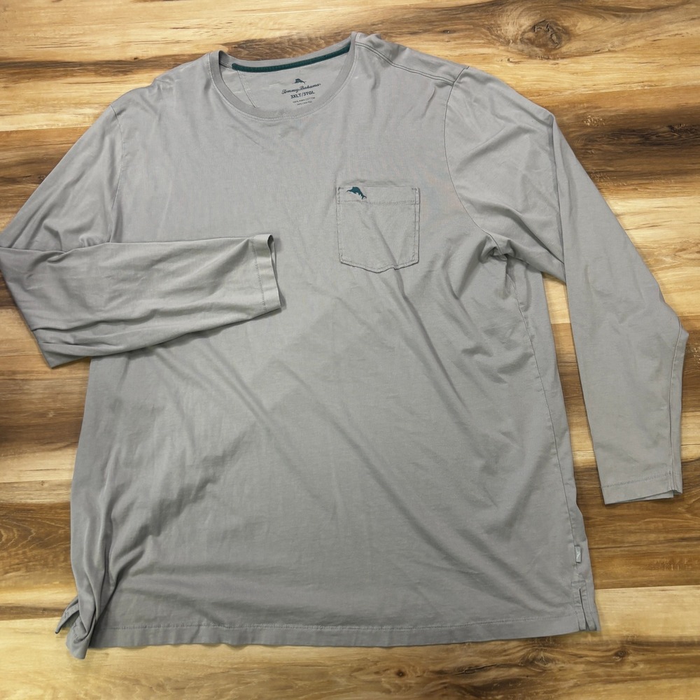 Tommy Bahama Long Sleeve T-Shirt 3XLT Pocket Tee Pima Cotton Big & Tall Gray